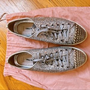 MIU MIU SILVER GLITTER METAL STUD CAP TOE LACE UP SNEAKERS size 8.5/ 39.5 ITALY